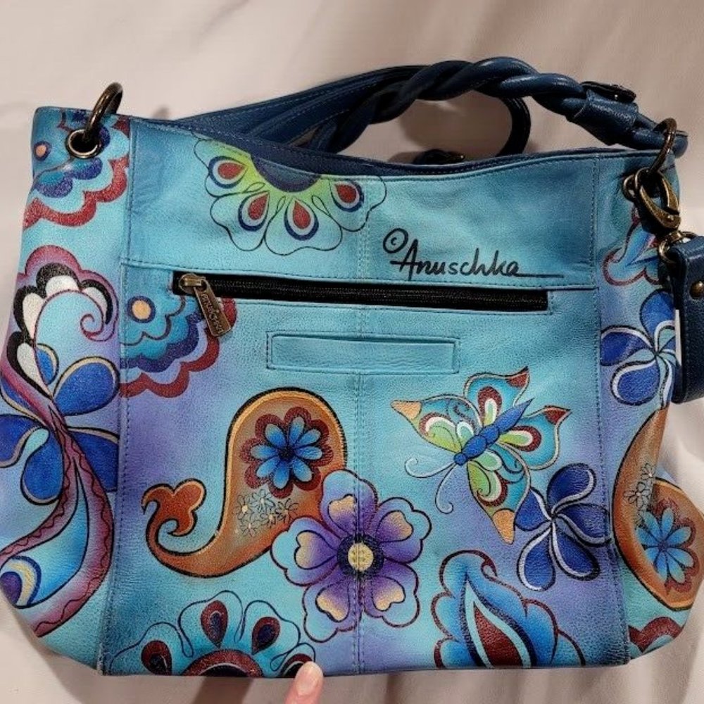Anuschka Leather Medium Crossbody Braided Handle Butterly Painted Blue Handbag